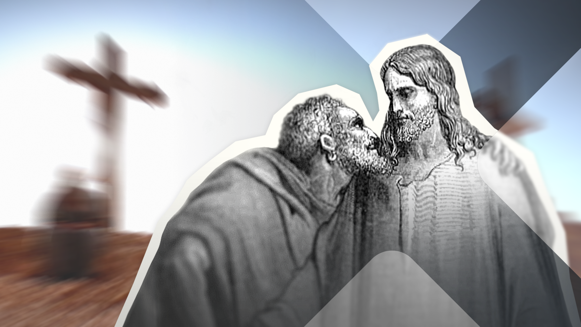 Judas und Jesus vor Hintergrund mit Kreuzen (Collage)