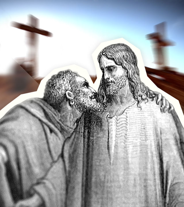 Judas und Jesus vor Hintergrund mit Kreuzen (Collage)