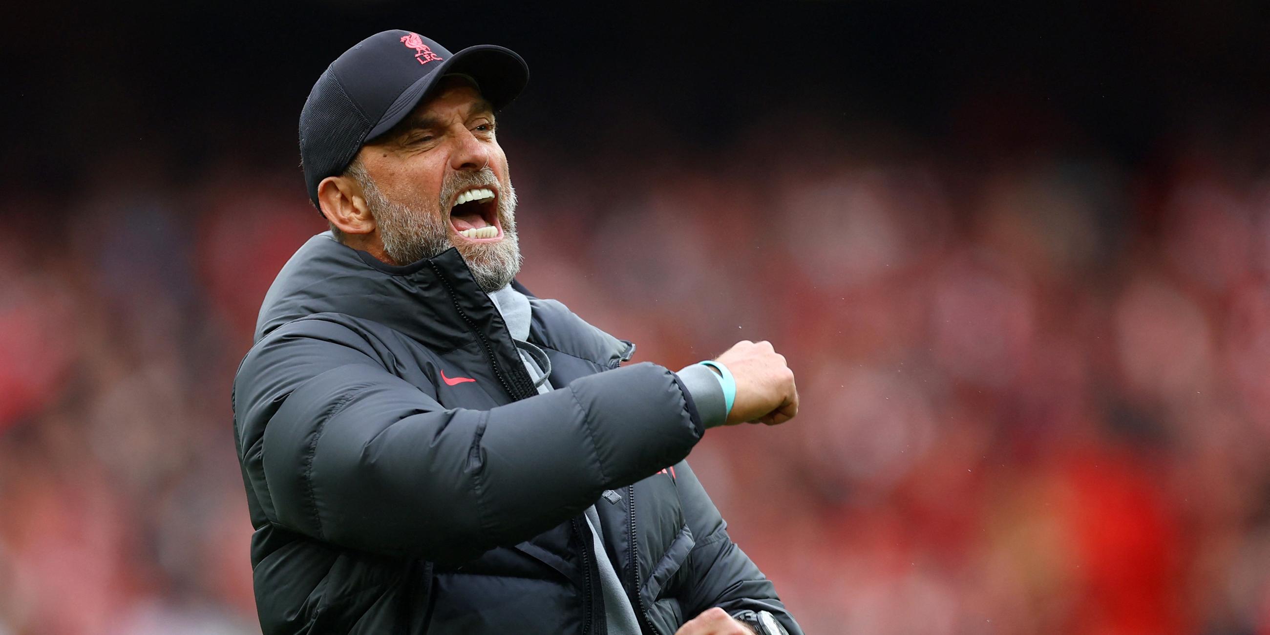 Premier League - Liverpool gegen Tottenham Hotspur - Anfield, Liverpool, Großbritannien - 30.04.2023 Liverpool-Manager Jürgen Klopp jubelt nach dem Spiel