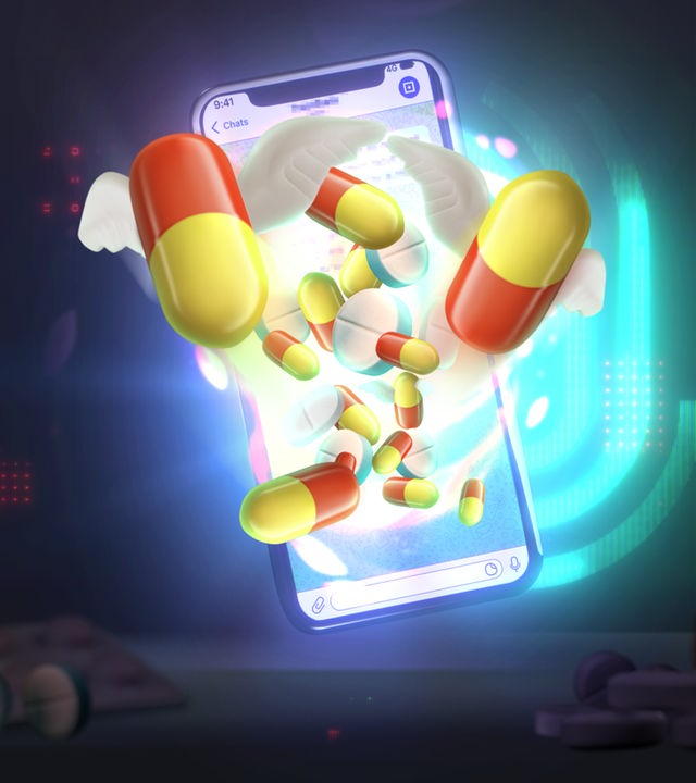 Pillen entspringen einem Smartphone, im Hintergrund das Spur-Logo