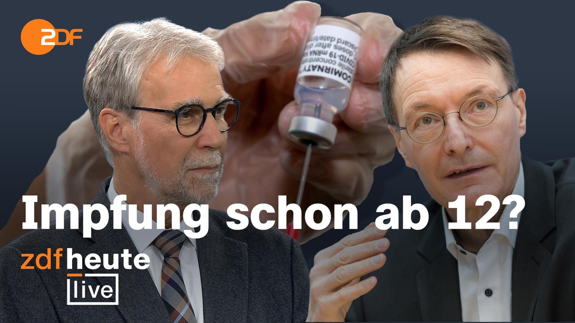 Prof. Zepp und Karl Lauterbach, im Hintergrund ein Symbolbild zur Impfung gegen Corona; ZDFheute live-Logo unten links, ZDF-Logo oben link, Schriftzug "Impfung schon ab 12?"