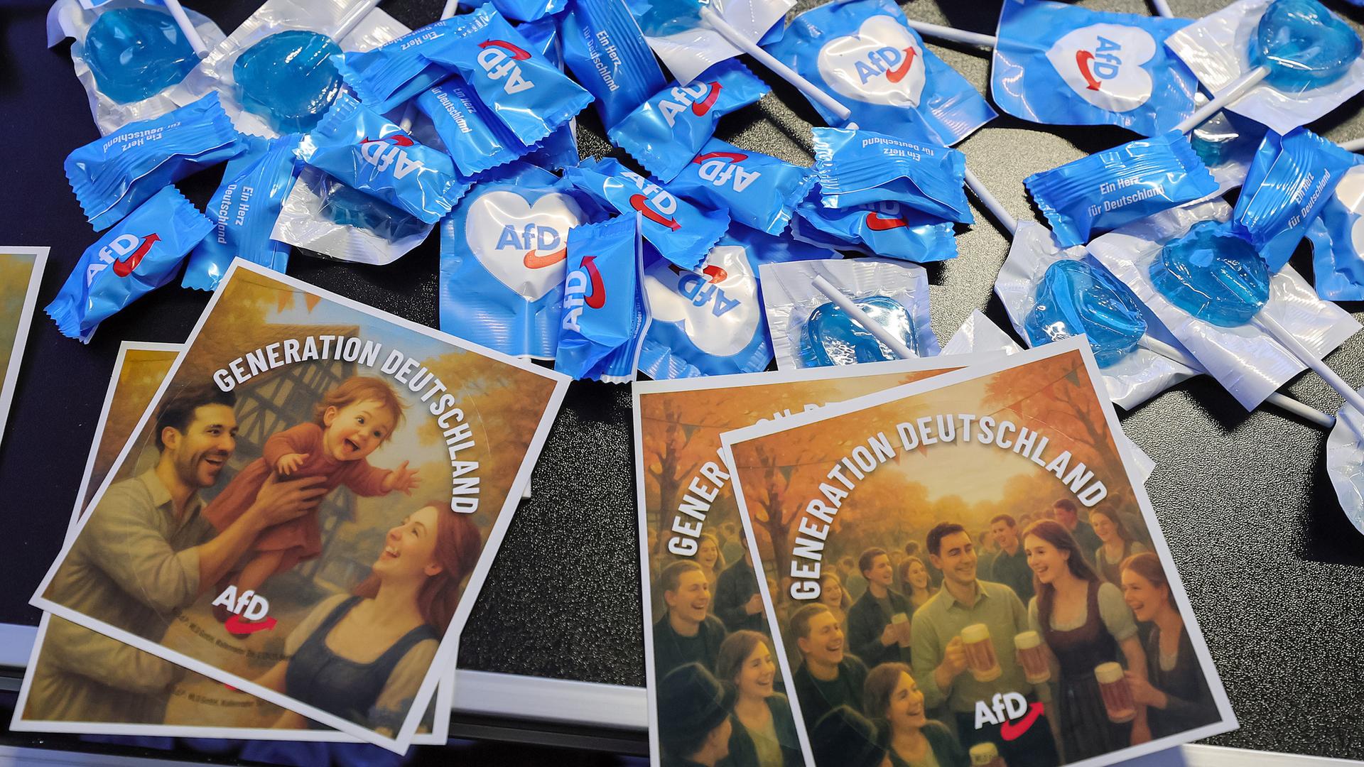 Symbolbild: Auf dem Foto sind Lollis und Flyer mit AfD-Logo während des Gründungskongresses der neuen Jugendorganisation der Alternative für Deutschland (AfD)