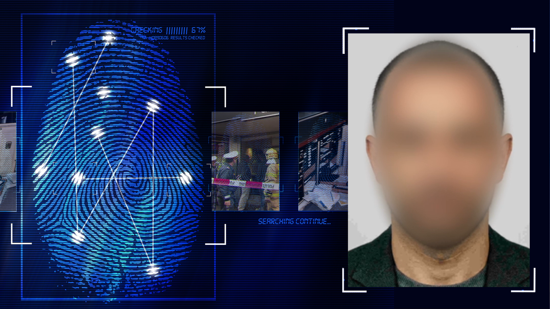 Portraitfoto eines etwa 40 Jahre alten Mannes. Er trägt kurze, dunkle Haare und ein graues Sakko. Sein Gesicht wurde im Bild technisch verfremdet. Links daneben: Lichtschematische Darstellung eines Fingerabdrucks.