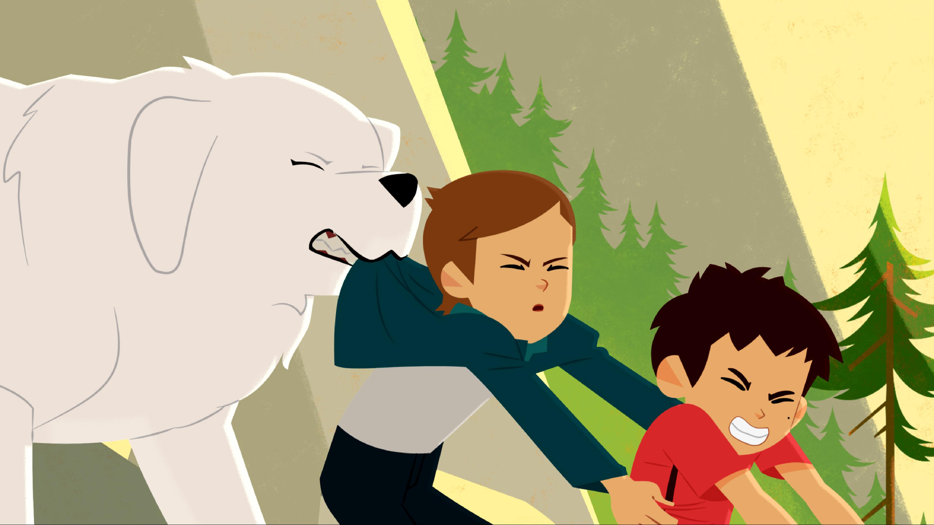 Belle hält Amadeus mit seinem Maul fest. Amadeus hält Sebastian fest. Beide werden von Belle zurückgezogen.