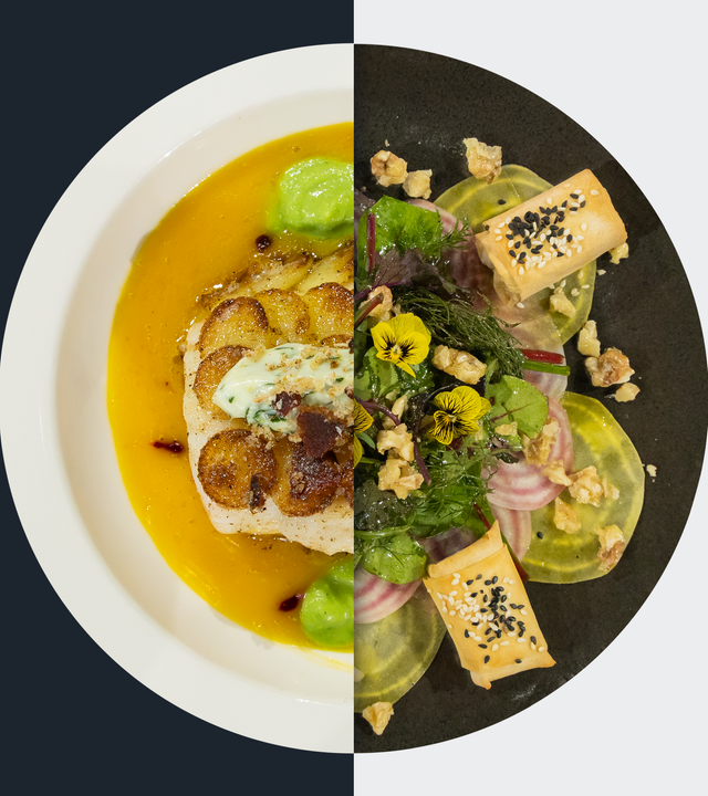 Kabeljaufilet mit Kartoffelschuppen vs. Carpaccio von der Bete