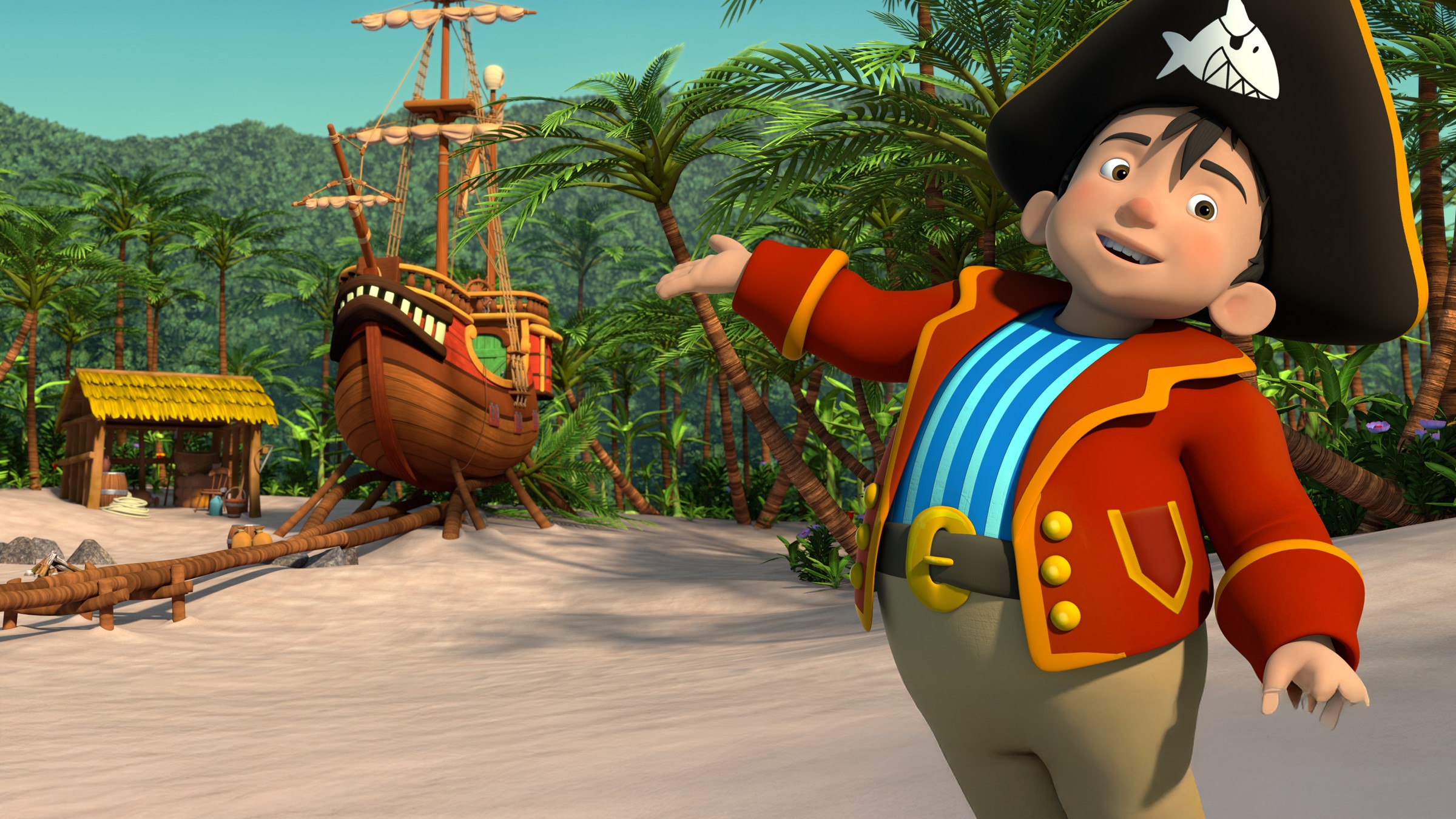 Käpt’n Sharky präsentiert voller Stolz sein Piratenschiff, die „Shark“.