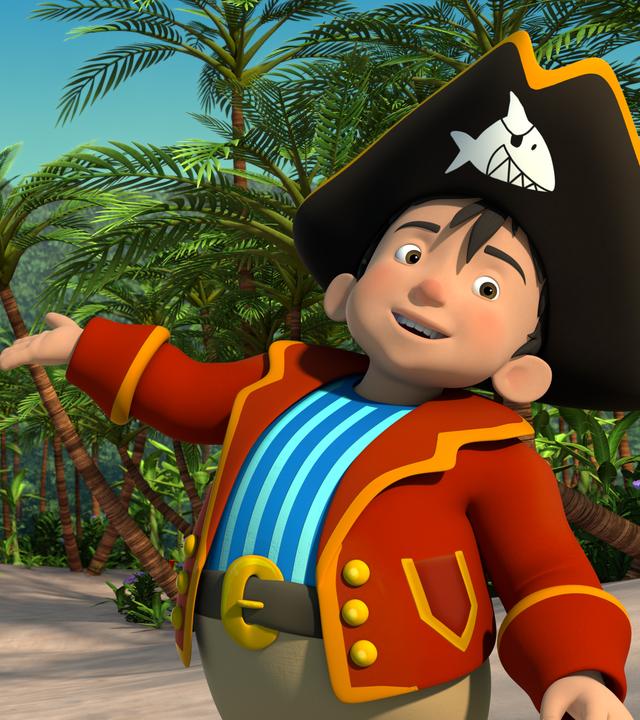 Käpt’n Sharky präsentiert voller Stolz sein Piratenschiff, die „Shark“.