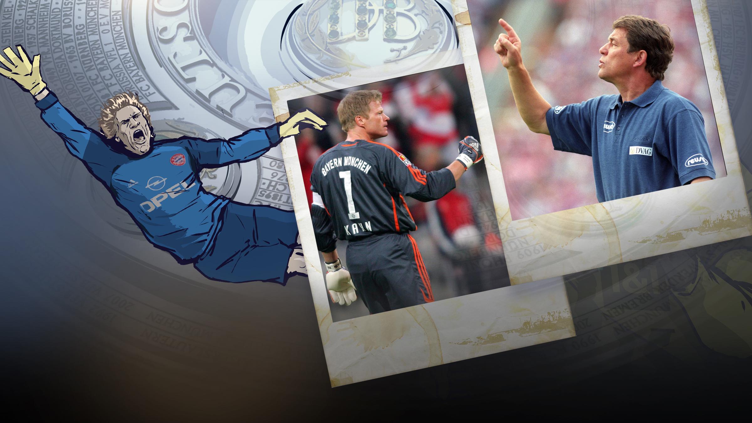 Karrikatur von Oliver Kahn vor der gezeichneten Meisterschale. Kahn und Rehhagel