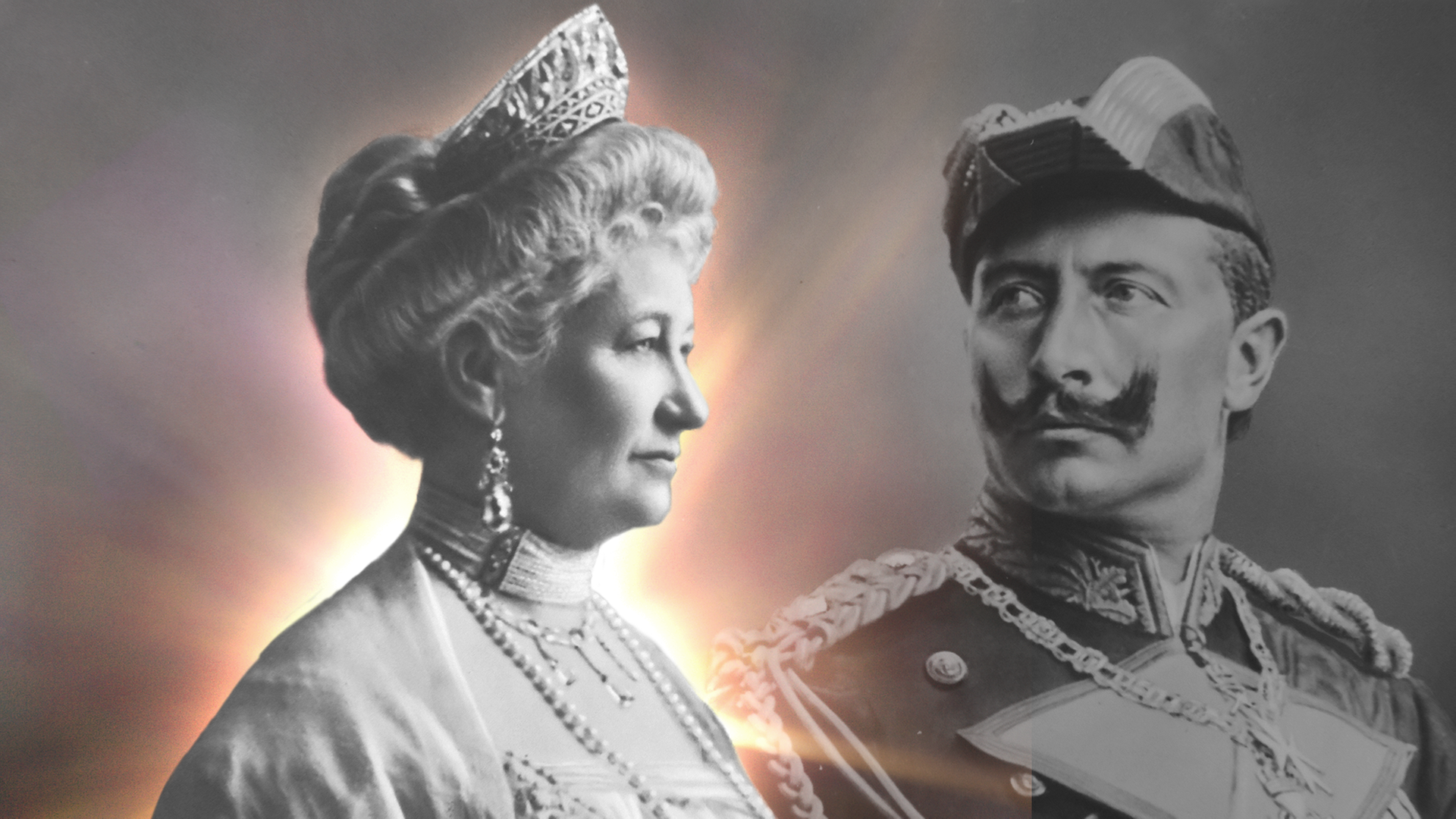 Schwarz-Weiß-Fotografie des deutschen Kaiserpaares: Auguste Victoria mit Diadem im Haar, ihr Mann Kaiser Wilhelm II. mit Schnauzbart und in Uniform.