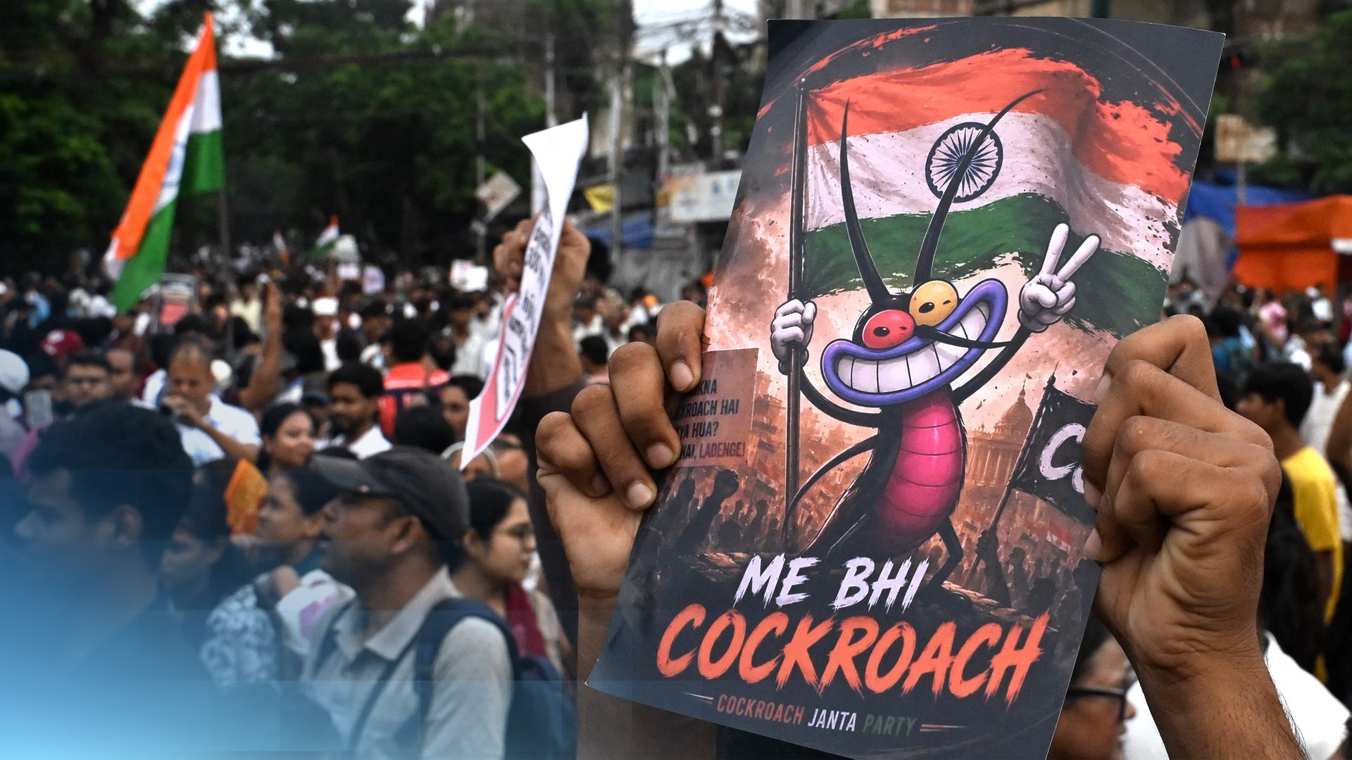 Die Kakerlaken-Proteste in Indien. Ein Demontrant hält ein Plakat in der Hand auf der eine grinsende Kakerlake eine indische Flagge hochhält.