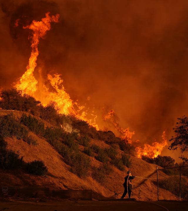  Los Angeles: Ein Feuerwehrmann bekämpft das Palisades-Feuer im Mandeville Canyon. 