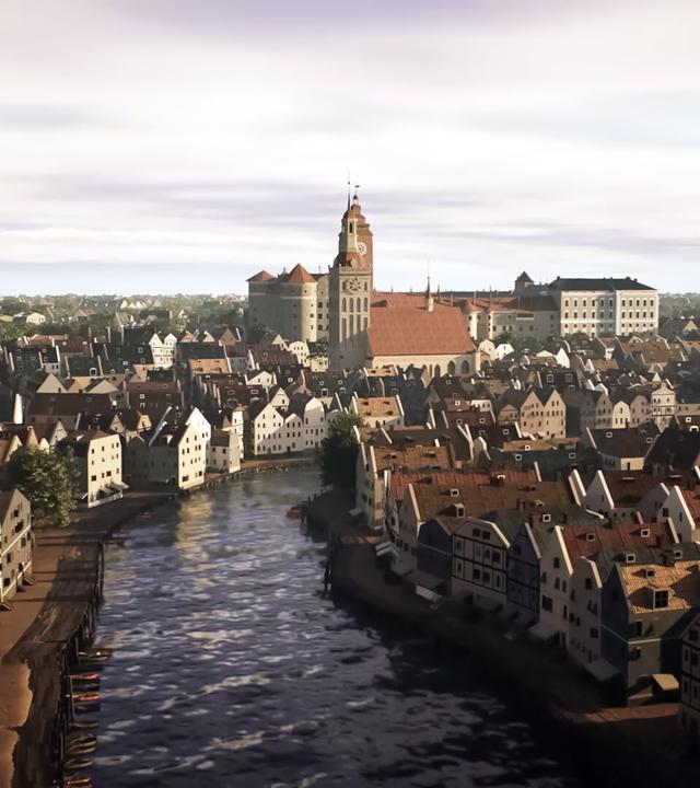 Das Bild ist eine 3D-Rekonstruktion der Stadt Königsberg im 18. Jahrhundert. Im Vordergrund fließt ein breiter Fluss, der von beidseitig angeordneten Gebäuden unterschiedlichster Architektur gesäumt wird, mit einer Vielzahl von Dachformen, vorwiegend mit roten Ziegeldächern. Die Häuser sind in unterschiedlicher Höhe und Farbe gestaltet und haben teils aufwendig gearbeitete Fassaden.   Im Hintergrund erhebt sich ein markantes Gebäude mit einer hohen Turmuhr, das als eines der Hauptgebäude der Stadt zu erkennen ist. Daneben gibt es weitere Bauwerke, die in ihrer Größe und Gestaltung variieren. Auf der linken Seite ist ein schlanker Kirchturm zu sehen, der ebenfalls herausragt.   Der Himmel zeigt eine sanfte Farbpalette und ist teilweise bewölkt, was der Szene eine ruhige, historische Atmosphäre verleiht. Das gesamte Bild vermittelt den Eindruck einer geschäftigen, aber geordneten Stadtansicht einer früheren Zeit.