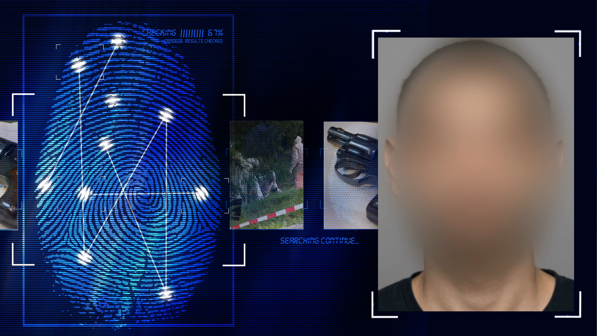 Portraitfoto eines 26-jährigen Mannes vor grauem Hintergrund. Das Gesicht wurde technisch verfremdet, es sind kurze dunkle Haare zu erkennen - und ein dunkles Oberteil. Links daneben: Lichtschematische Darstellung eines Fingerabdrucks.