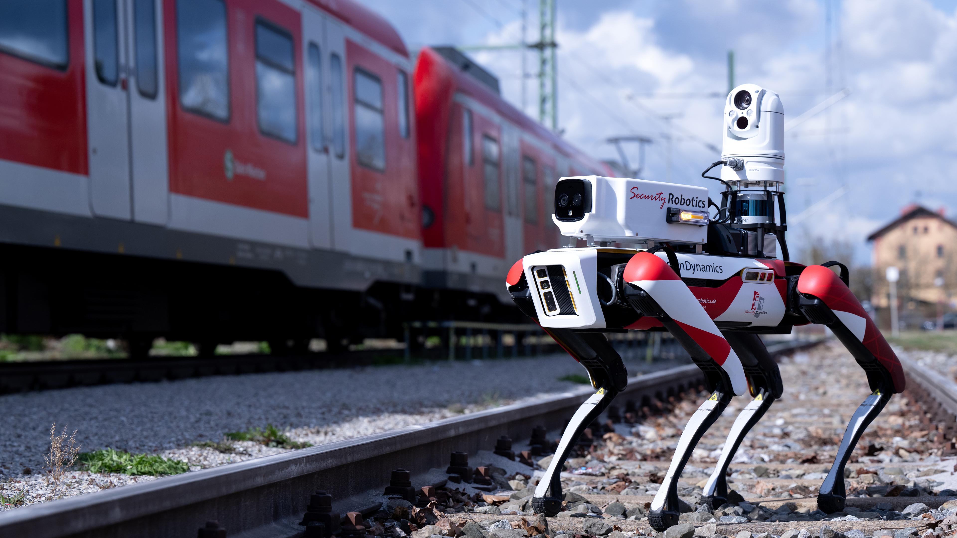 Der Roboter "Spot" der Deutschen Bahn läuft bei einem Pressetermin zwischen abgestellten S-Bahnen entlang.