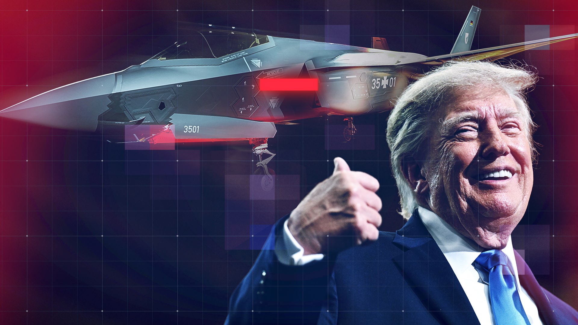 Digital bearbeitete Bildmontage mit US-Präsident Donald Trump im Vordergrund, der lächelnd den Daumen nach oben zeigt. Im Hintergrund ist ein moderner F-35-Kampfjet vor einem dunkelblauen, technisch wirkenden Rasterhintergrund mit roten Lichteffekten zu sehen.Über die digital bearbeitete Bildmontage ist ein feines grafisches Raster-Overlay gelegt, wodurch ein modernes, redaktionelles Erscheinungsbild entsteht.