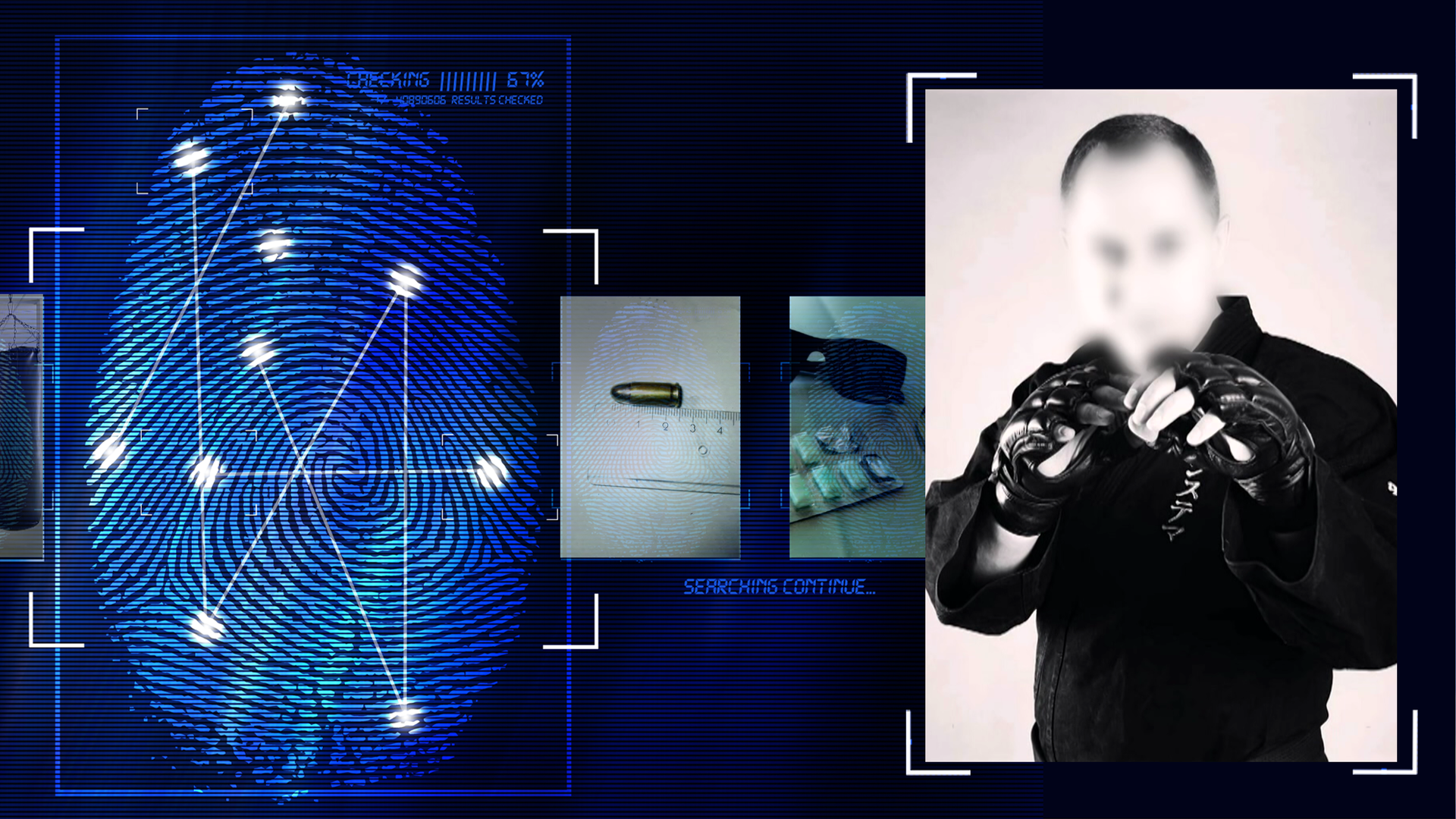 Foto eines Mannes mit Kampfhandschuhe. Schwarzweißbild. Der Mann hat dunkle kurze Haare. Er schaut Richtung Kamera. Das Gesicht wurde technisch verfremdet. Links daneben: Lichtschematische Darstellung eines Fingerabdrucks.