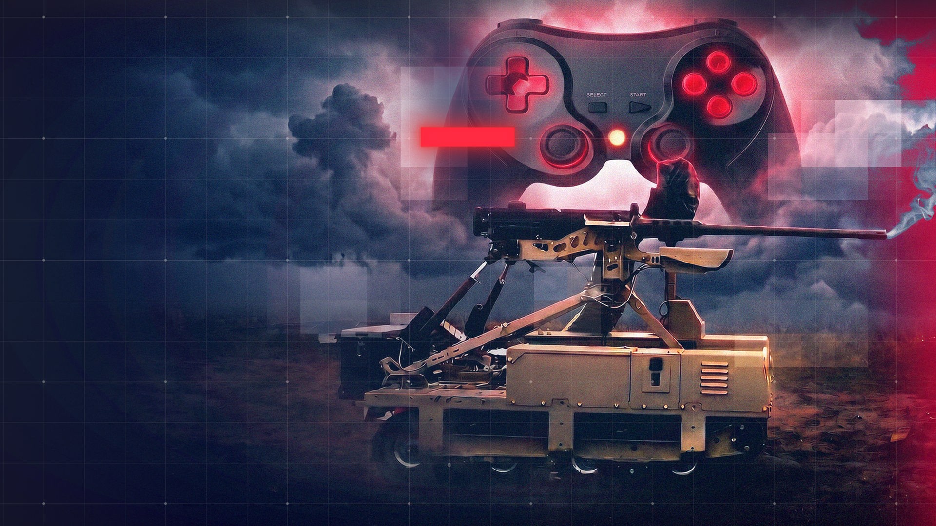 Digital bearbeitete Illustration eines bewaffneten Bodenroboters mit montiertem Gewehr in einer düsteren, rauchigen Landschaft. Über dem Roboter schwebt ein großer Videospiel-Controller mit rot leuchtenden Tasten. Ein digitales Raster-Overlay und rote Lichteffekte verstärken den Eindruck von Fernsteuerung, Technologie und der Verbindung zwischen Gaming und militärischen Drohnensystemen.
