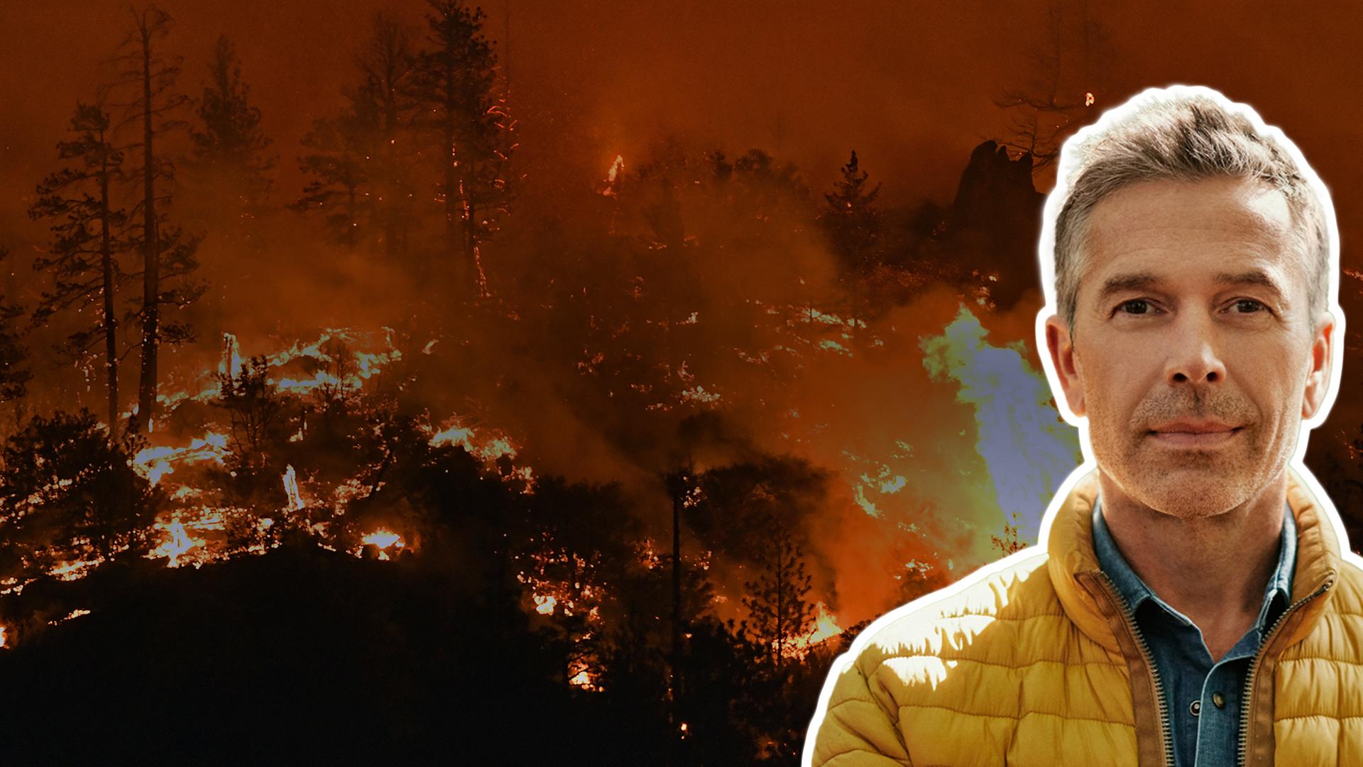 Collage: Wissenschaftsjournalist Dirk Steffens, im Hintergrund ein Wald in Flammen.