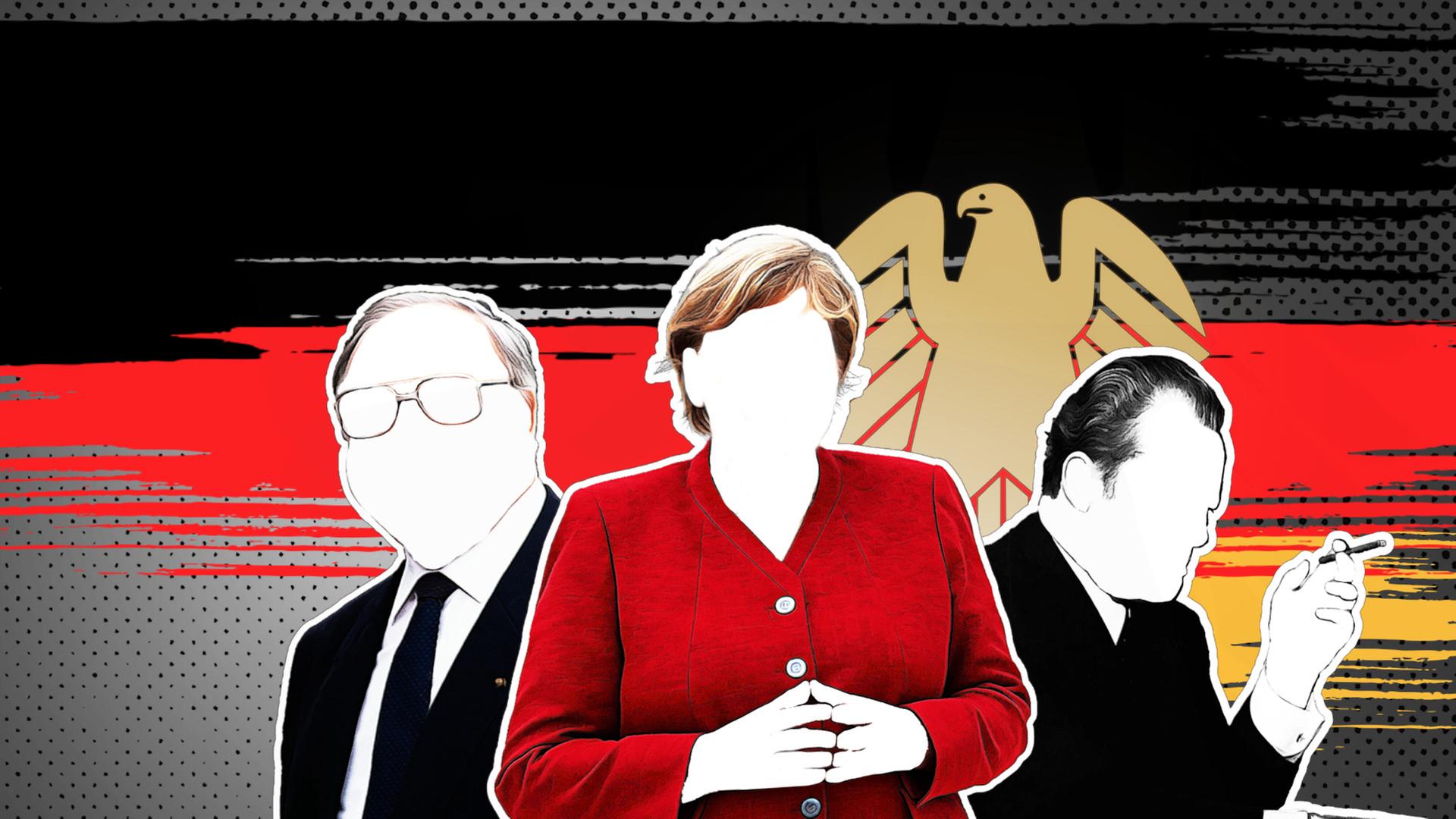 Zeichnung von Merkel, Kohl und Brandt vor schwarz-rot-goldenem Hintergrund