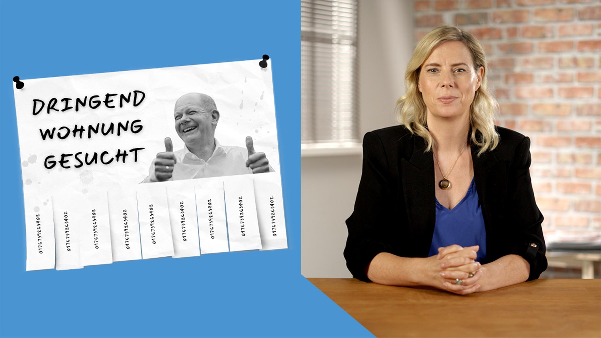 Kanzler Scholz auf einer Anzeige "Dringend Wohnung gesucht" - rechts im Bild: ZDF-Hauptstadtkorrespondentin Britta Buchholz