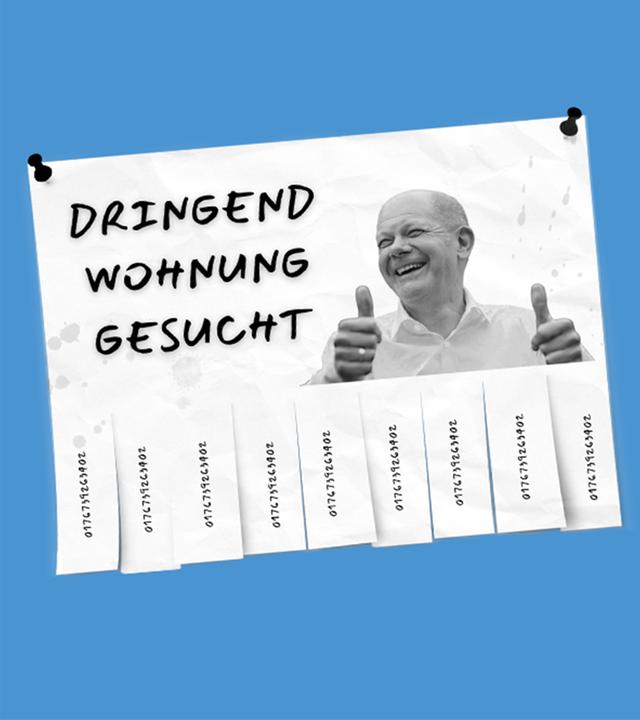 Kanzler Scholz auf einer Anzeige "Dringend Wohnung gesucht" - rechts im Bild: ZDF-Hauptstadtkorrespondentin Britta Buchholz