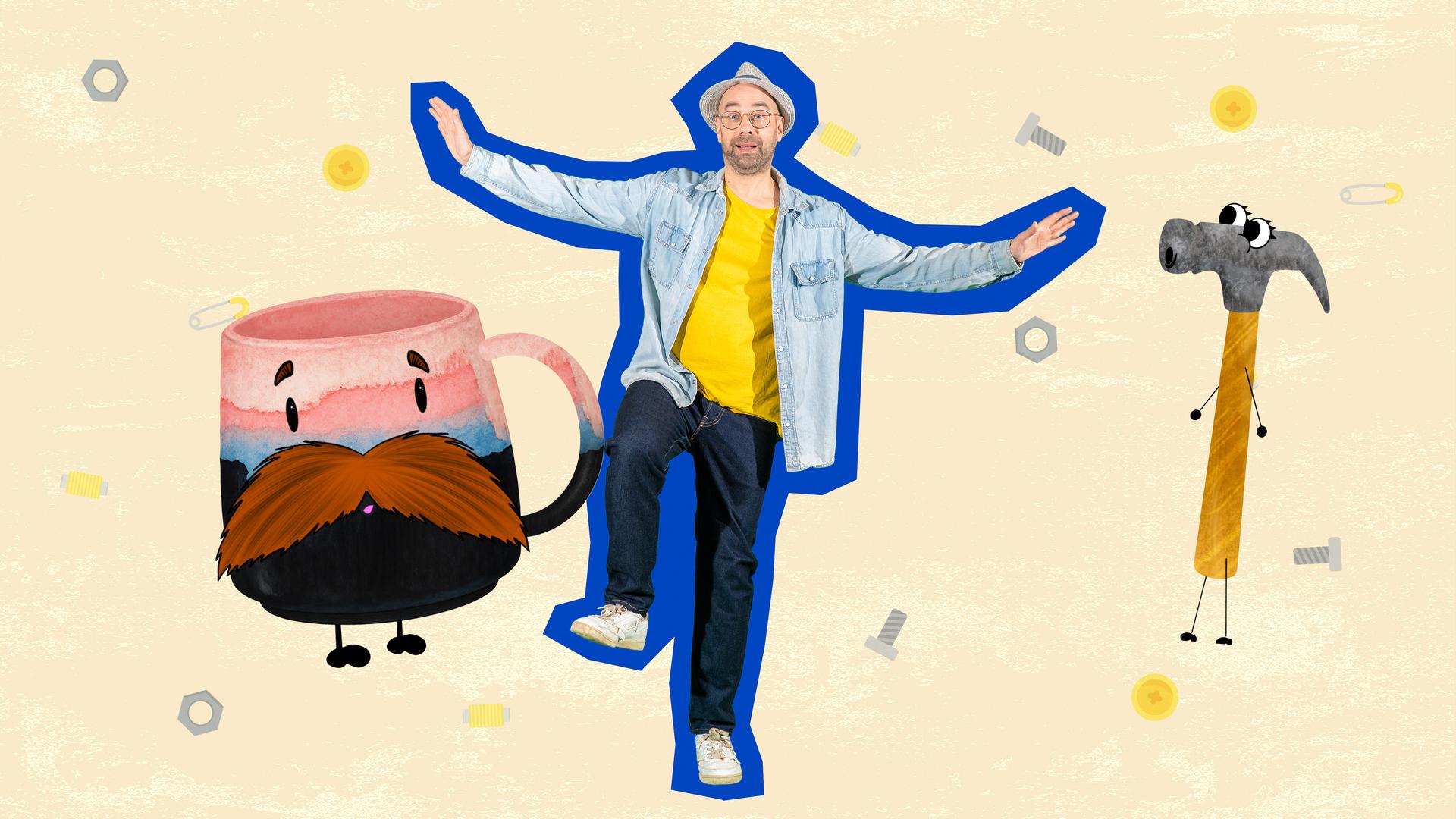 Vor einem hellen Hintergrund steht Richards Kindermusikladen auf einem Bein in einer blauen Umrandung. Links von ihm ist eine Tasse mit Beinen, Gesicht und großem Schnurrbart, rechts von ihm die Abbildung eines Hammers mit Augen, Armen und Beinen.