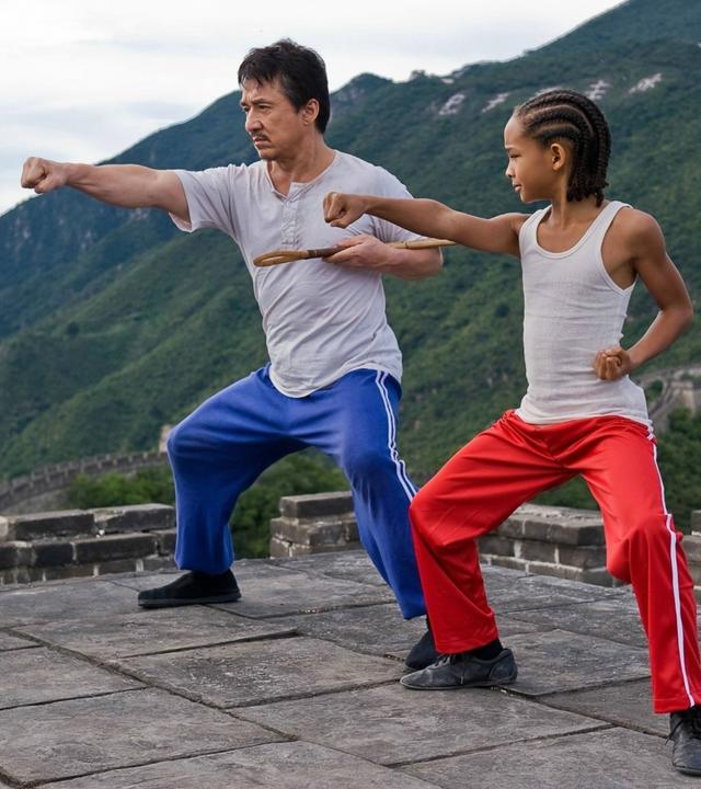 "Karate Kid": Mr. Han (Jackie Chan) trainiert mit Dre (Jaden Smith) verschiedene Kampfhaltungen auf der chinesischen Mauer und korrigiert dabei Dres Kampfstellung.