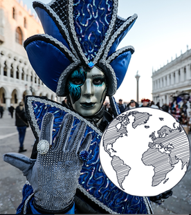 Links ein verkleideter Mensch in Venedig, rechts ein traditionell gekleideter Mann in Bolivien. 