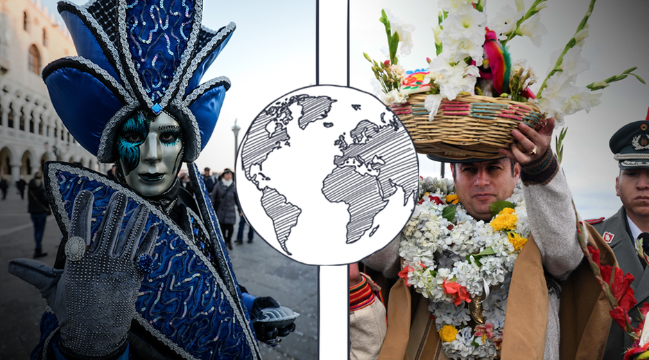 Links ein verkleideter Mensch in Venedig, rechts ein traditionell gekleideter Mann in Bolivien. 