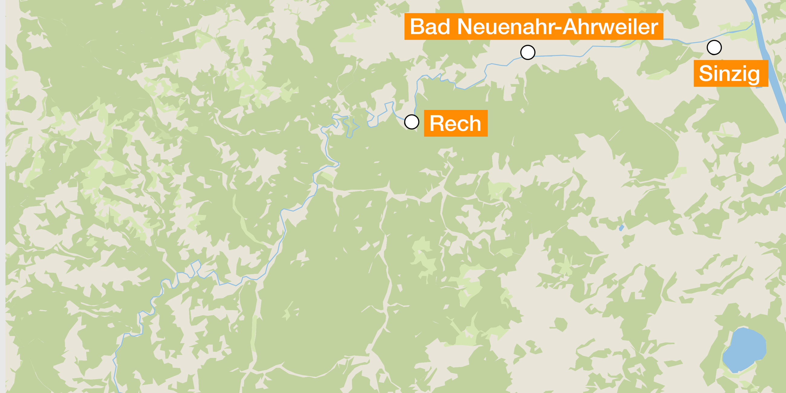 Karte: Ahrtal mit den Orten Rech, Dorsel, Bad Neuenahr-Ahrweiler und Sinzig