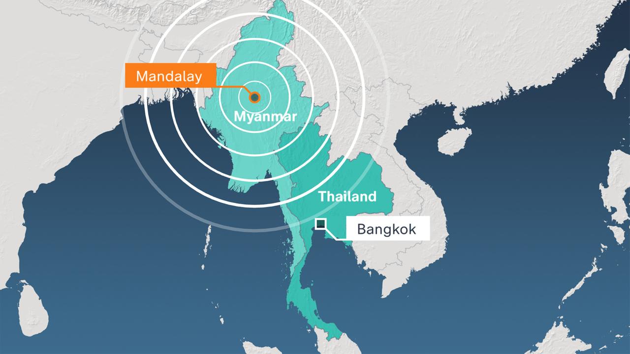 Karte: Erdbeben Epizentrum bei Mandalay, Myanmar