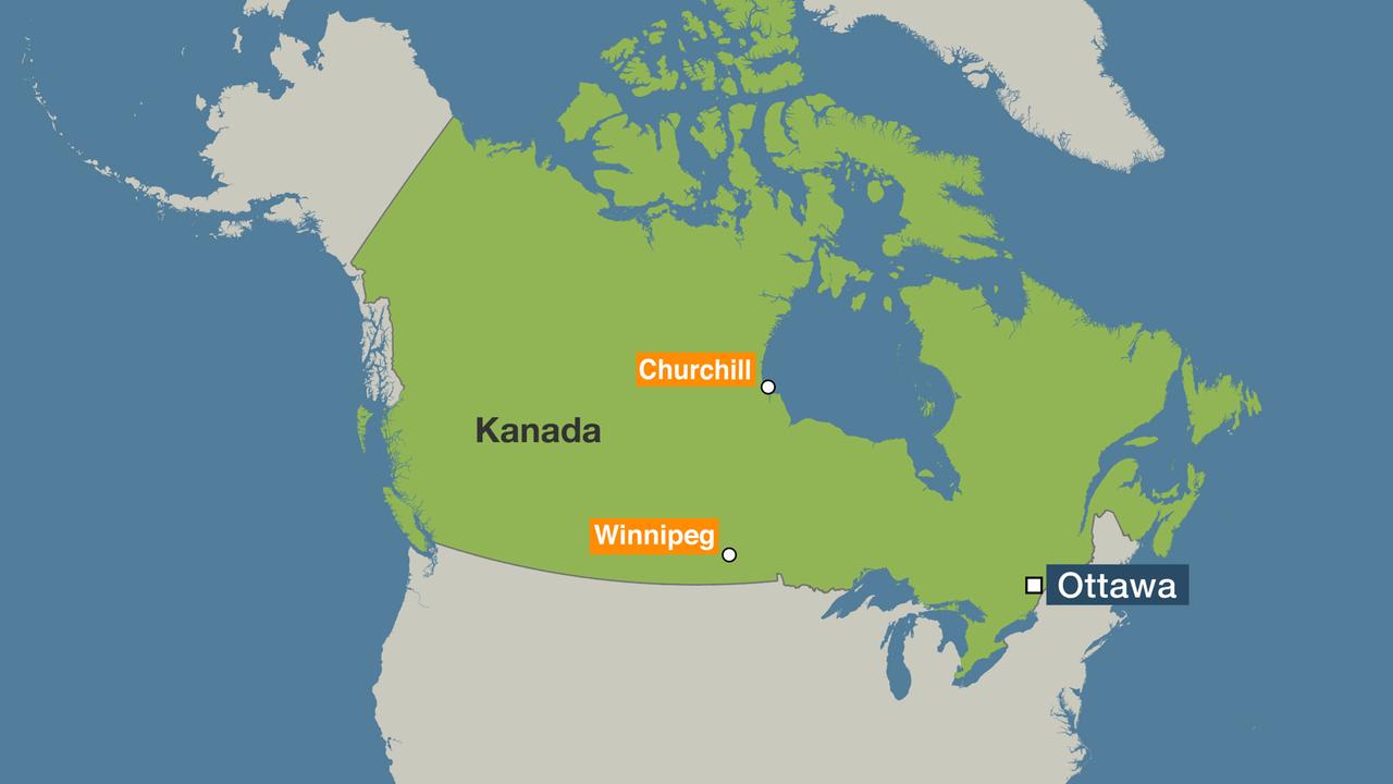 Ein Karte Kanadas zeigt: Churchill liegt etwa 1.700 km nördlich von Winnipeg, im Norden der kanadischen Provinz Manitoba. 
