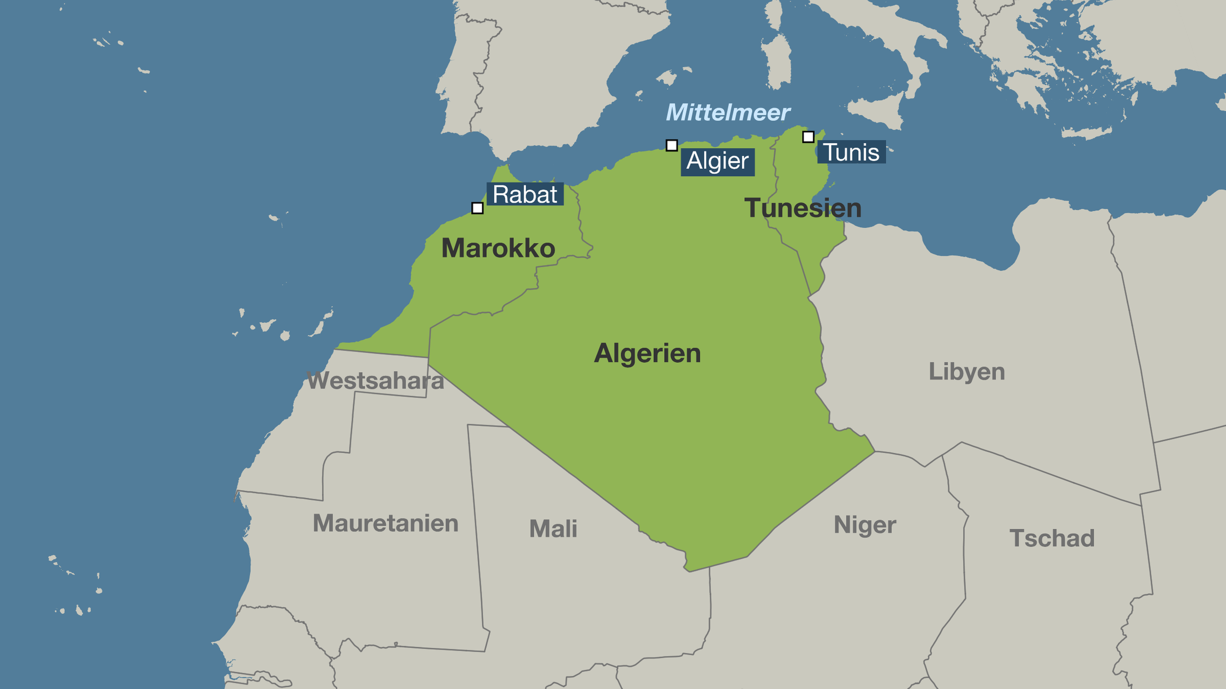 Karte der Maghreb-Staaten Tunesien, Marokko und Algerien