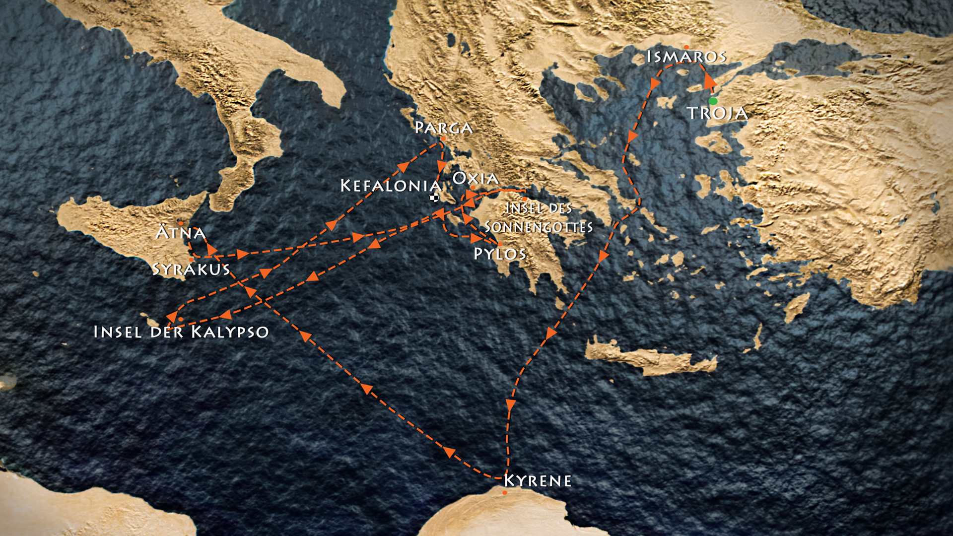 Karte der Route von Odysseus' Irrfahrt