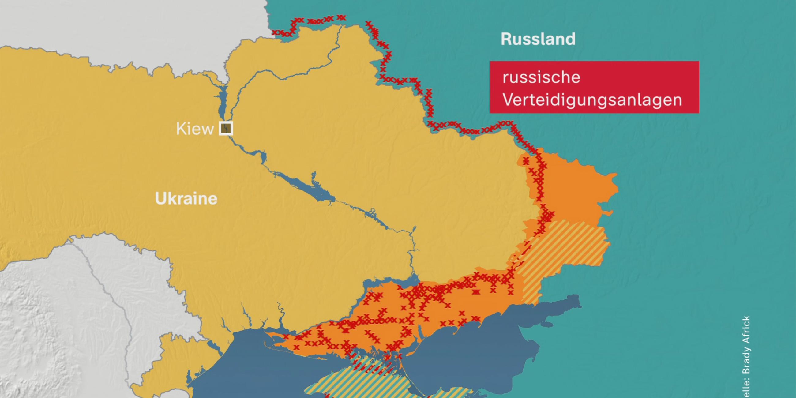 Karte: Russische Verteidigungsanlagen an der Grenze zur Ukraine und in den besetzten Gebieten