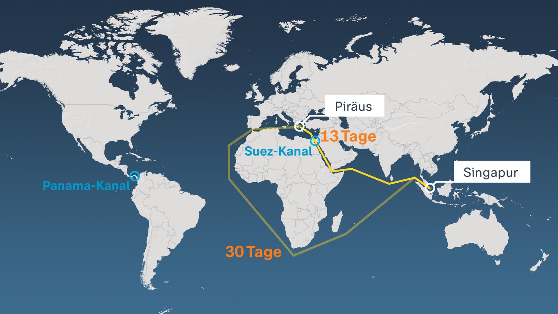 Die Weltkarte zeigt ausgehend von Singapur im Vergleich die Dauer der Schiffsrouten nach Piräus, Griechenland an.