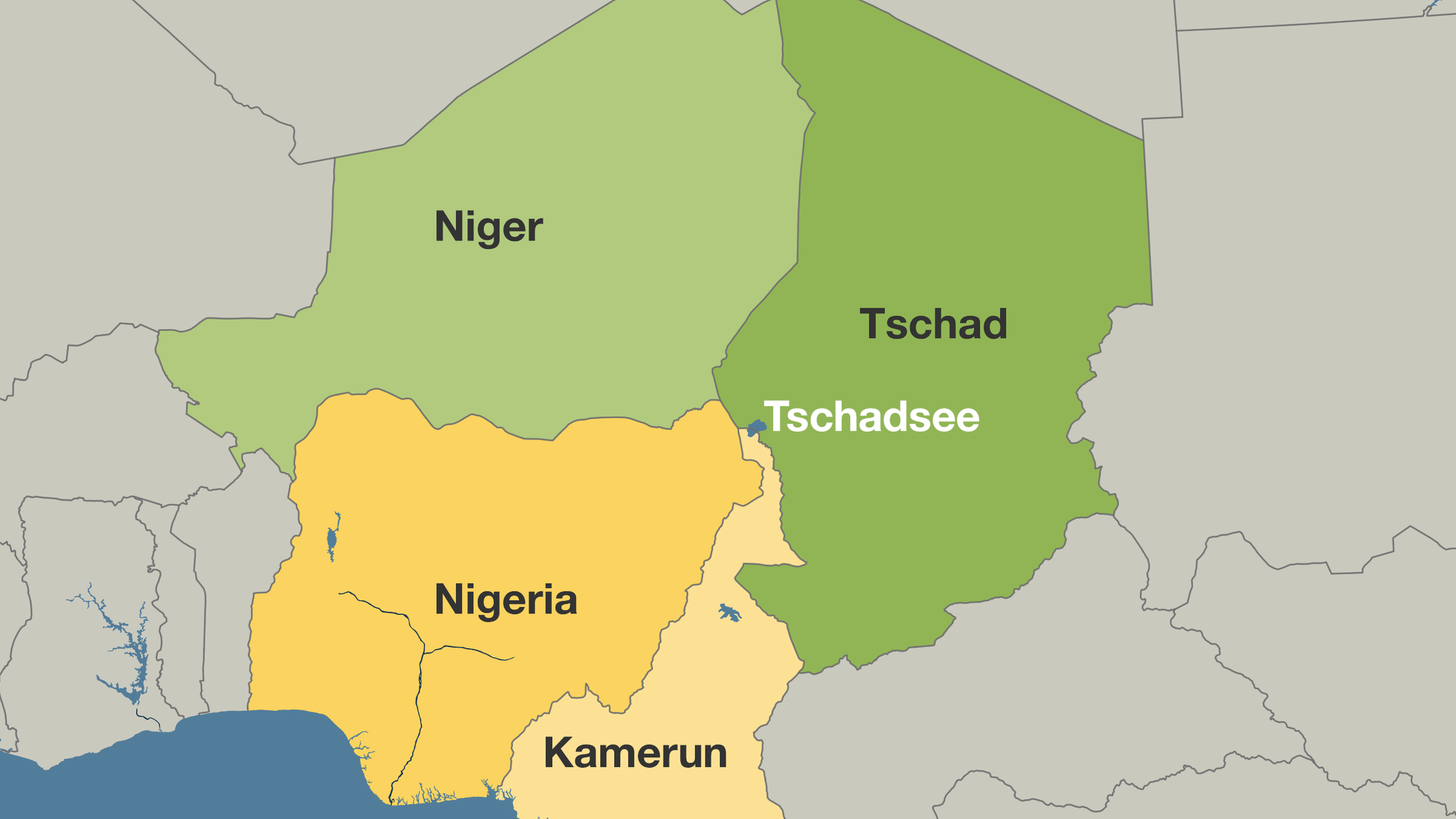 Karte vom Tschad mit dem Tschadsee und angrenzend Niger, Nigeria und Kamerun