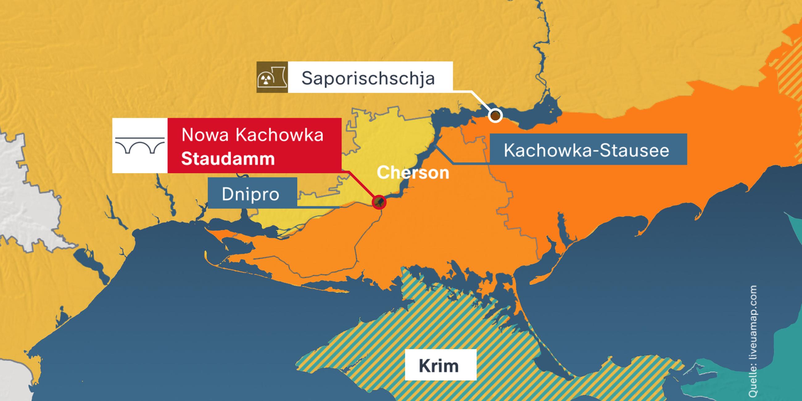 Karte zeigt die Lage des Kachowka-Staudamms in der Ukraine.