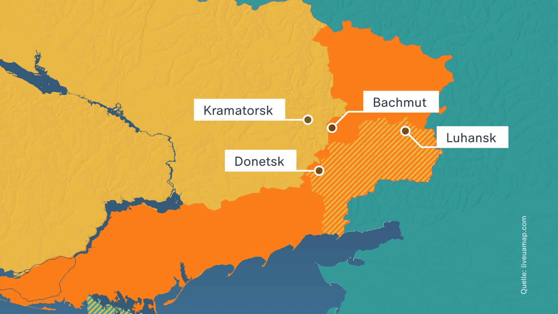 Karte: Krieg in der Ukraine - Kramatorsk - Donetsk - Bachmut - Luhansk
