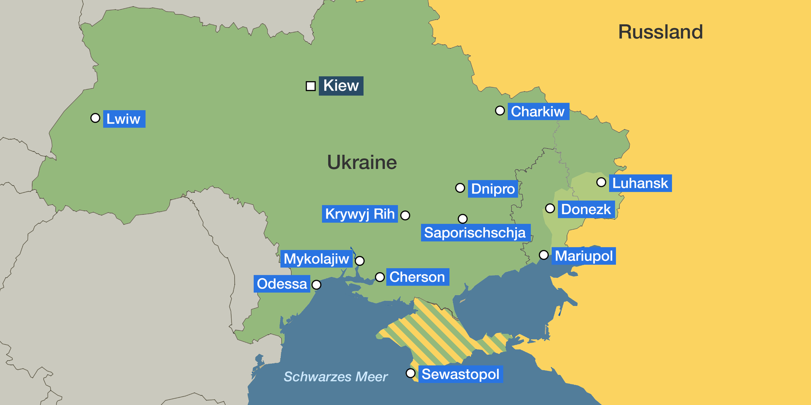 Karte, Ukraine: Städte mit mehr als 400.000 Einwohner + Cherson (ca. 287.000)