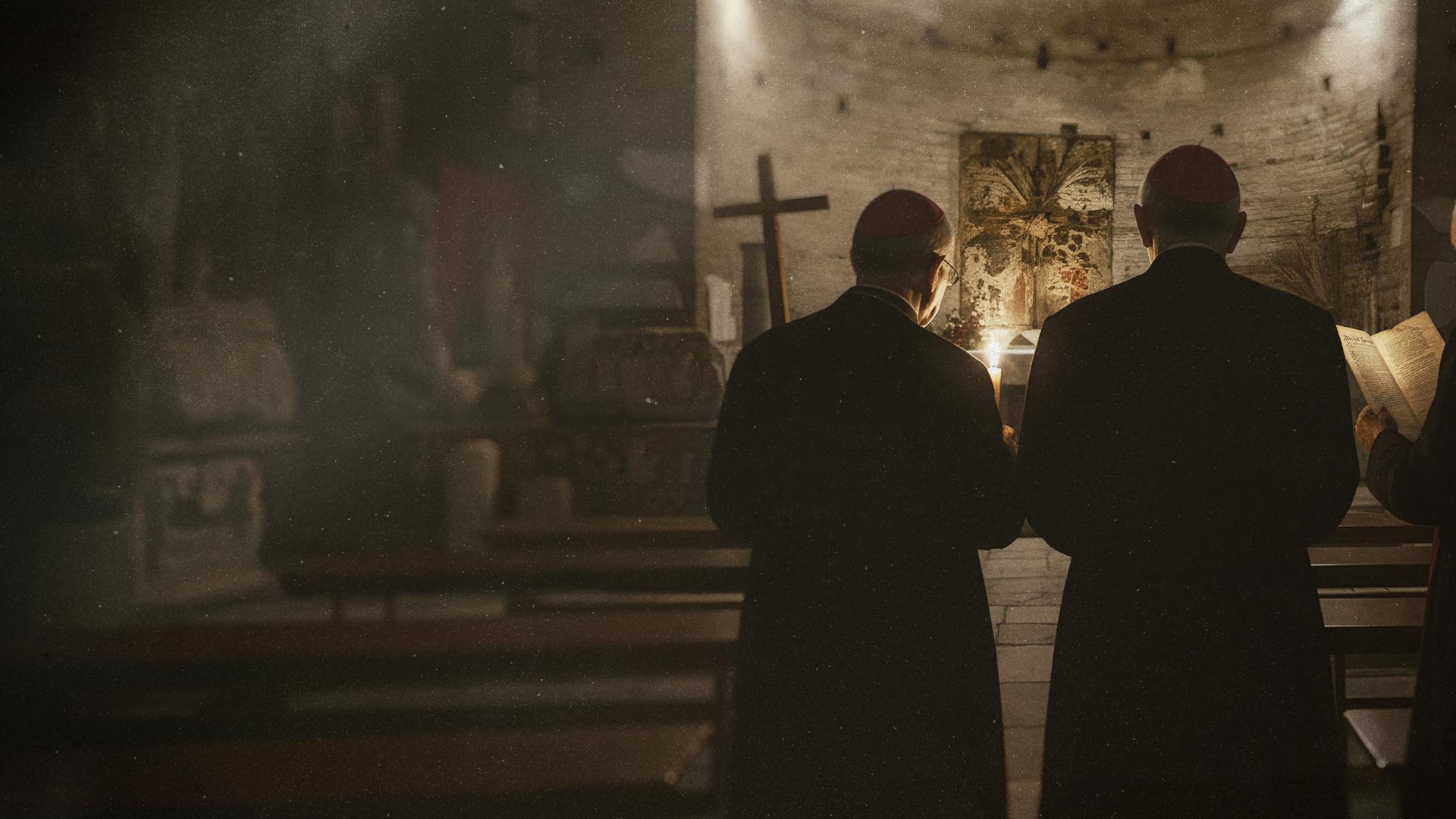 Zwei Kardinäle stehen in einer alten christlichen Katakombe und schauen auf einen Altar, über dem ein Kreuz hängt.