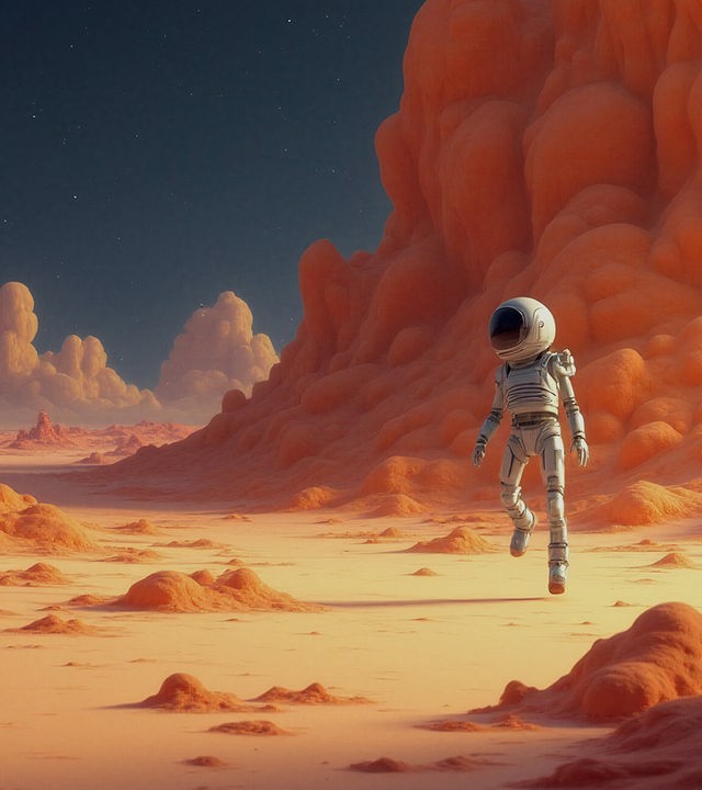 Zu sehen ist eine animierte Marslandschaft in orange. Am Horizont ist ein sternenkjlarer Himmel und ein Mond zu erkennen. Am rechten Bildrand ist eine schwebende Person im Astronautenanzug zu sehen.