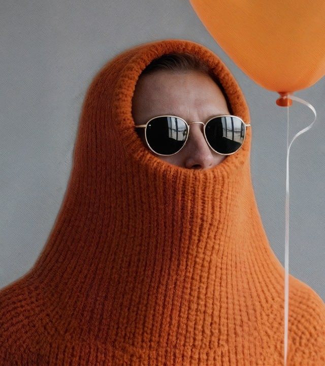 Auf dem Bild ist der Kopf einer PErson zu sehen. Die PErson hat sich den Kragen eines orangenen Rollkragen-Pullovers so weit über ihr Gesicht gezogen, dass nur noch die Nase, Augenpartie und Stirn zu sehen ist. Zudem trägt die Person eine verspiegelte Sonnenbrille. Zudem ist am oberen rechten Bildrand ein orangener Luftballon zu sehen.