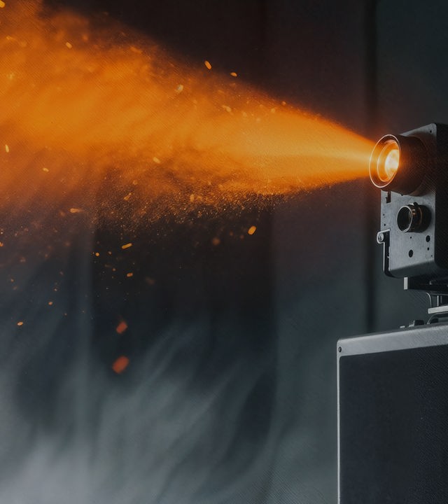 Auf dem Bild ist am rechten Rand ein Kinoprojektor zu erkennen. Dieser strahlt ornagenes Licht aus. Dieses orangene Licht ist durch den vor dem Projektor schwebenden Staub deutlich sichtbar.