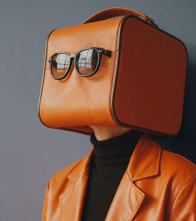 Eine Person vor grauem Hintergrund trägt eine orangene Ledertasche über dem Kopf, an der eine Sonnenbrille befestigt ist; sie trägt einen orangefarbenen Mantel und einen schwarzen Rollkragenpullover.