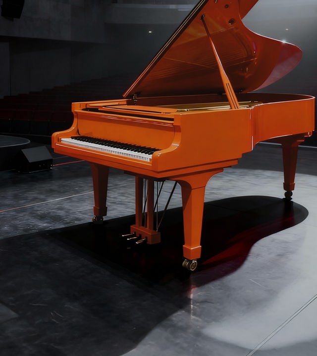 Auf dem Bild ist ein orangener Konzertflügel zu sehen. Der Flügel steht auf einer schwarzen Bühne, die nur mit einem Spot beleuchtet ist.