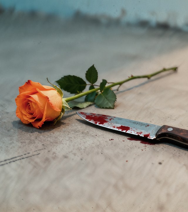 Auf dem Bild ist eine orangene Rose und ein Messer zu sehen. An dem Messer ist frisches Blut. Beides liegt auf einem Beton-Boden.