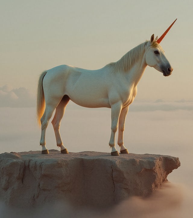 Auf dem Bild ist ein weißes Einhorn zu sehen. Das Einhorn steht auf einem schmalen und kleinen Felsvorsprung. Das Horn des Einhorns ist orange. Im Hintergrund sind Wolken am unteren Bildrand zu erkennen, die implizieren, dass der Felsvorsprung und das Einhorn sich auf sehr hoher Höhe befinden.
