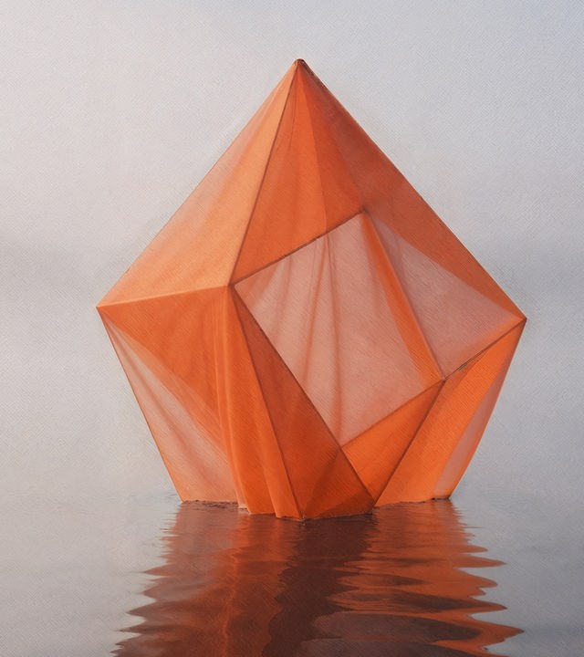 Ein abstraktes, facettiertes Objekt aus transparentem orangefarbenem Material ragt aus ruhigem Wasser empor; die geometrische Form spiegelt sich im Wasser, der Hintergrund ist hell und neblig.