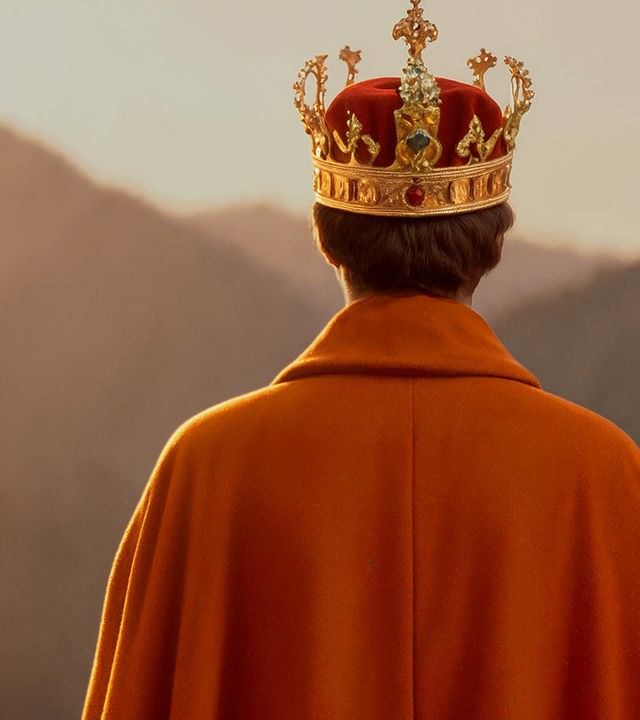 Auf dem Bild ist eine Person abgebildet. Die Person ist dem Betrachter ebgewendet und nur von hinten zu sehen. Sie trägt eine Krone aus Gold und rotem Samt und einen orangenen, schwerern Mantel. Im Hintergrund sind Berge im Sonnenuntergang zu erkennen.